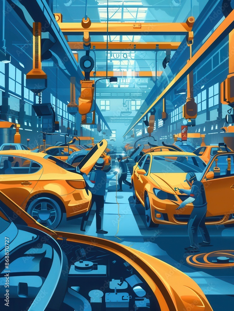 Poster workers assembling car bodies in a busy automotive body shop. generative ai