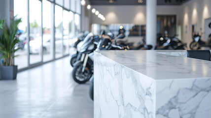 Obraz premium White table with blurred row of motorbikes in the background