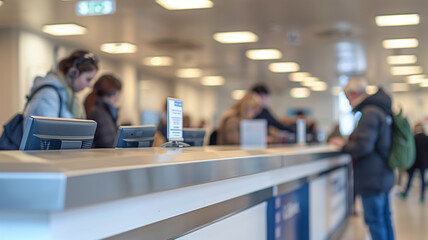 Fototapeta premium White reception desk with blurry background of people waiting in line