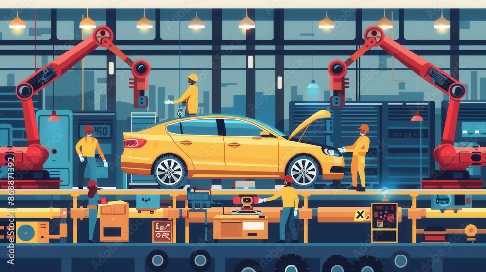 Poster A dynamic illustration of a car assembly line featuring workers and robotic arms in an industrial setting, showcasing advanced technologies used in automotive manufacturing. Generative AI