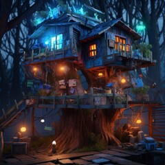 Obraz premium Treehousecore Christmas Concept Design with Vibrant Colours and Incandescent Lighting.jpeg