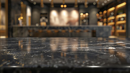 Black marble reception desk with blurred interior background