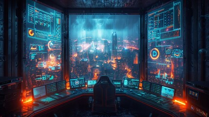 Futuristic Cyberpunk Control Room Overlooking a Neon Cityscape - Generative AI