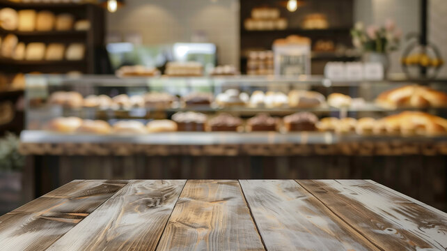 Empty wooden table with blurred bakery display background