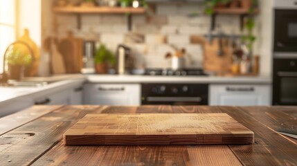 Cutting board on wooden table with blurry kitchen background
