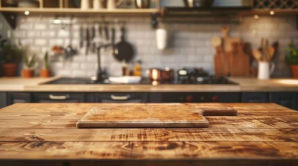 Cutting board on wooden table with blurry kitchen background