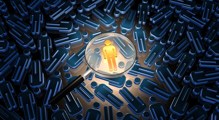 人型アイコンの集合から1つを虫眼鏡で詳しく見る、リーダー選出の検討イメージ