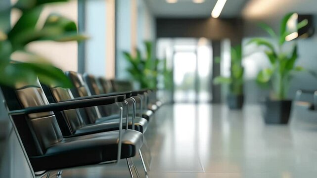 empty waiting room in a clinic or hospital corridor or hallway with green plant