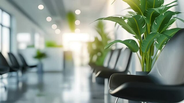 empty waiting room in a clinic or hospital corridor or hallway with green plant