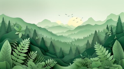Enchanting Papercut Forest: Detailed Mountain Landscape with Green Trees and Leaves in Intricate Craftsmanship