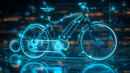 Futuristic digital bicycle with glowing neon lines and technological background, symbolizing innovation and advanced transportation.