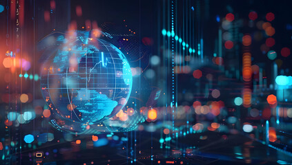 Futuristic globe and data visualization in a digital space, representing global connectivity and advanced technology trends.