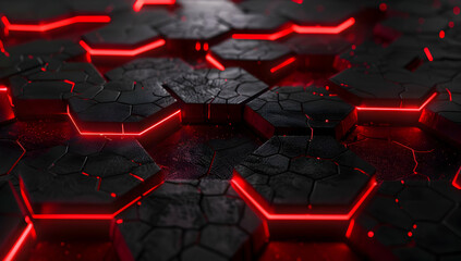 Obraz premium Futuristic glowing hexagonal pattern with neon light, dark background with red illuminated edges, abstract technology concept.