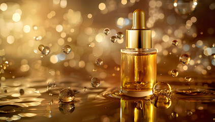 Luxurious gold serum bottle with gold bokeh background, radiating elegance and beauty. Perfect for skincare and beauty product promotions.