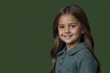 Fototapeta premium Cute girl with smile on her face next to empty space on dark green background. Beautiful girl in winter clothes. Space for advertising text.