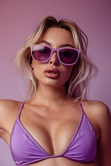 Fototapeta premium Chic Woman in Sunglasses and Purple Bikini Against Purple Background