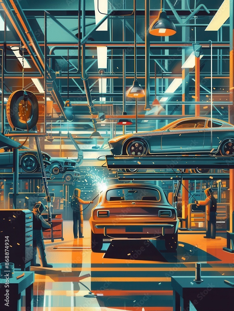 Poster a busy body shop with workers welding and assembling car bodies. generative ai