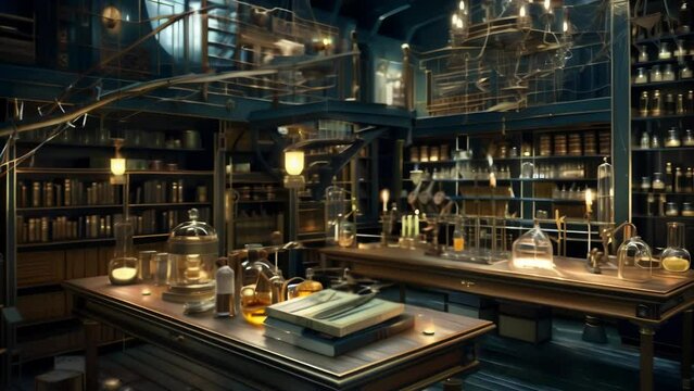 Dimly lit shelves brimming with mystical artifacts, glass vials, and arcane instruments. Warm, golden light from hanging bulbs illuminates an eclectic collection of books, globes, and curiosities. 