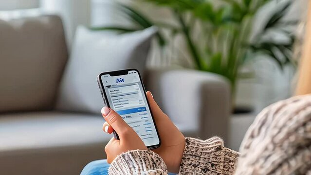 woman hands hold phone with air ticket application on screen
