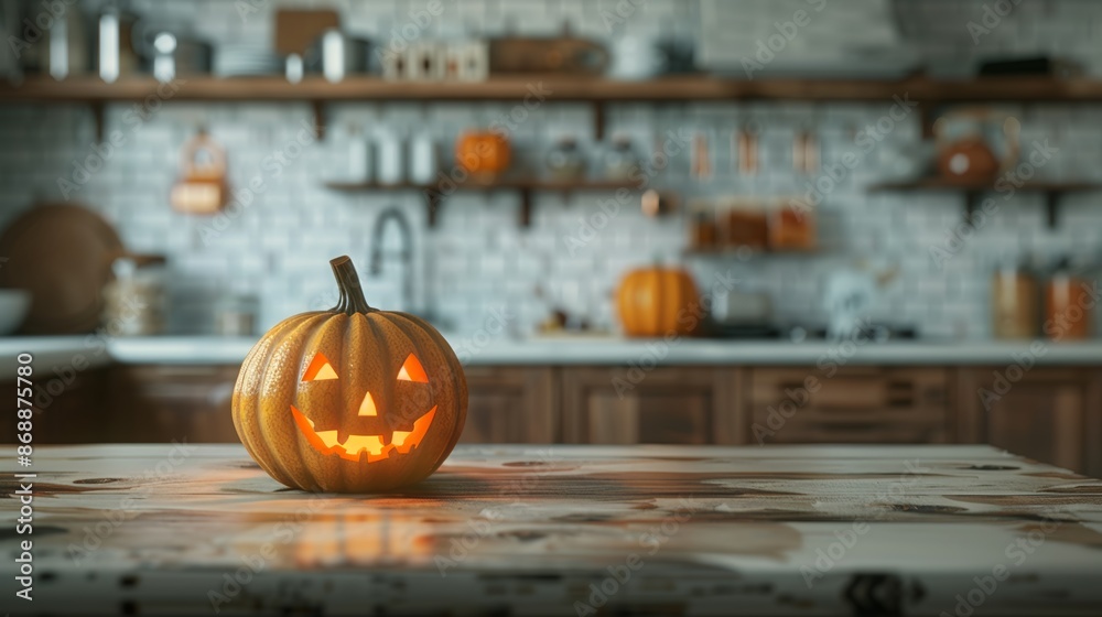 Wall mural halloween pumpkin on wooden table with blurry kitchen background