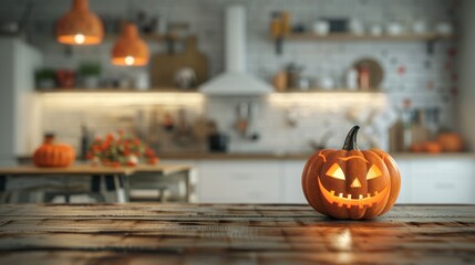 Halloween pumpkin on wooden table with blurry kitchen background