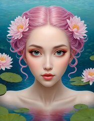 Tranquil Lake, Girl Rising Amongst water Lilies 