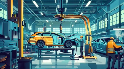 Workers assemble and weld car bodies in a large industrial body shop. Generative AI
