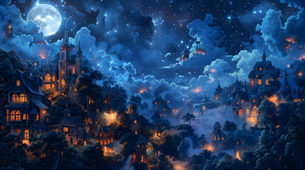 Obraz premium An electric blue cityscape under a full moon, with cumulus clouds adding depth to the atmospheric landscape. The world bathed in silver light, a masterpiece of celestial art
