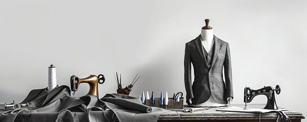Tailoring setup with unfinished suit on mannequin, sewing tools, gray fabric, vintage, detailed