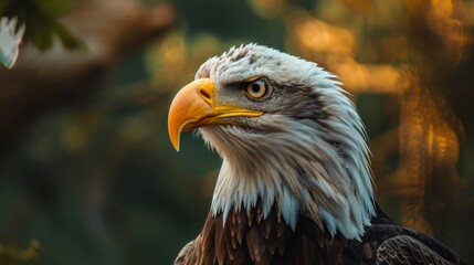 Obraz premium This detailed close-up image captures the vigilant gaze of a bald eagle, framed against a softly blurred natural background, emphasizing the bird's regal presence and sharp features.