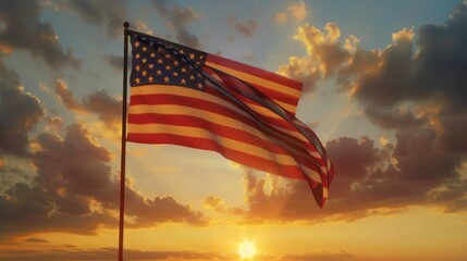 Obraz premium An evocative image featuring the American flag waving against the backdrop of a golden sunset sky, celebrating patriotism and unity with a touch of nostalgic serenity.