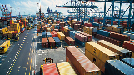 Modern cargo handling facility in a busy port. Efficient warehouse operations