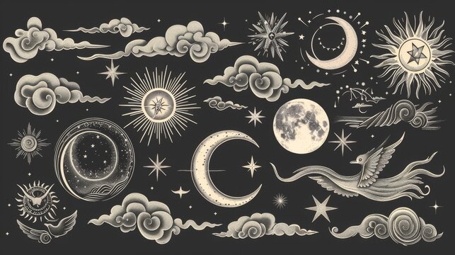 Beautiful celestial illustrations featuring moons, stars, clouds, and mystical creatures, highlighting the enchanting aspects of the night sky and dreamlike atmospheres.