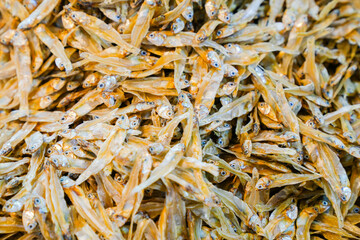 Close-up of dried anchovies. Seafood in the market.