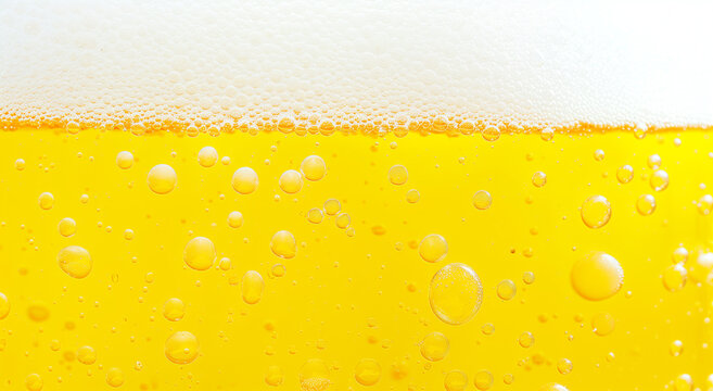 Beer background texture. Close up beer gluss with frothy foam and bubbles