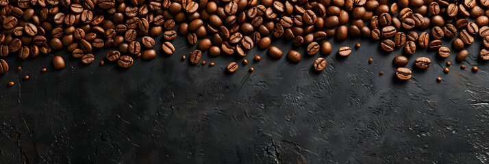 Top view of freshly roasted coffee beans on a dark textured background. Perfect for cafes, coffee shops, and beverage promotions.