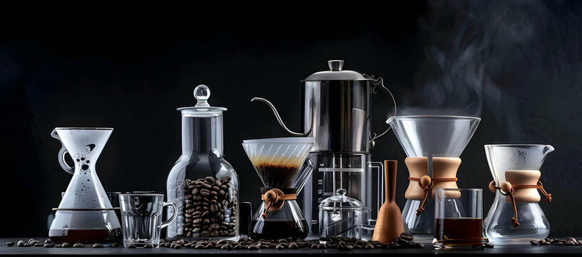 Various coffee brewing equipment arranged on a dark background, showcasing beans, drippers, and steaming vessels in an atmospheric setting.