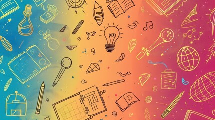A lively and artistic gradient background featuring outlined doodles of various school supplies and educational tools, symbolizing creativity, knowledge, learning, and the pursuit of education.