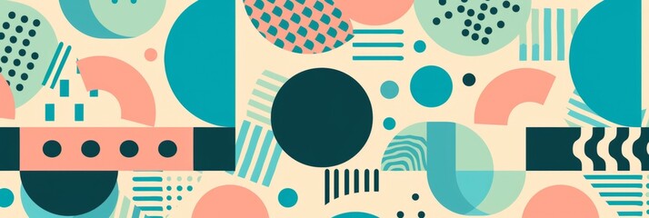 A wallpaper with an abstract geometric pattern of circles, stripes, and dots in shades of teal, pink, and black on a beige background, banner