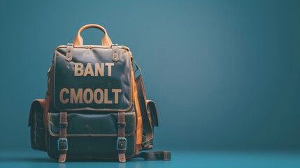A close-up image of a rugged leather backpack with the text 'BANT CMOOLT' embossed on the front. Against a blue background, the backpack has a vintage appeal with detailed buckles.