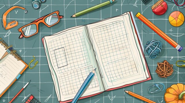 An overhead view of an open graph notebook surrounded by different school supplies including glasses, pencils, and erasers. The scene is set on a green chalkboard background. - Powered by Adobe