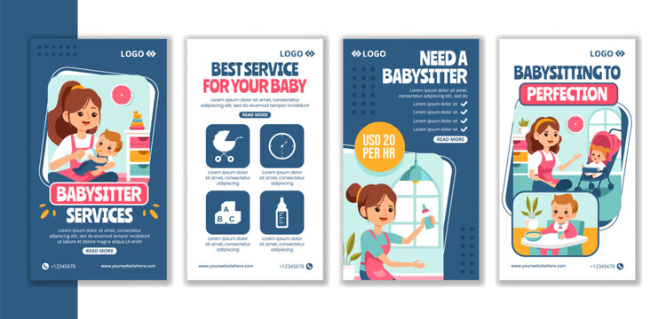 Babysitter or Nanny Services Social Media Stories Flat Cartoon Hand Drawn Templates Background Illustration