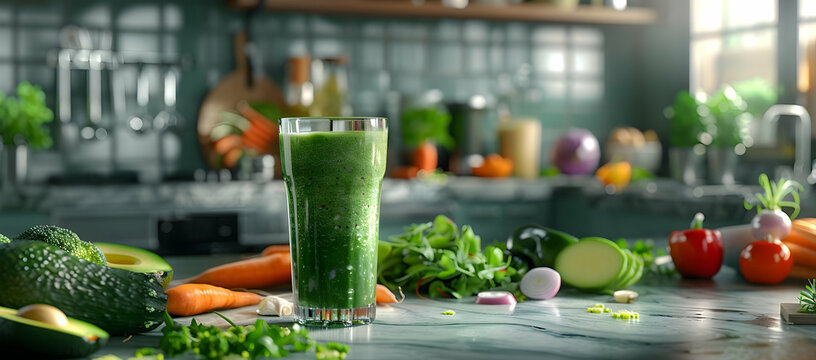 A refreshing green smoothie in a glass surrounded by fresh vegetables in a modern kitchen setting, promoting a healthy lifestyle.