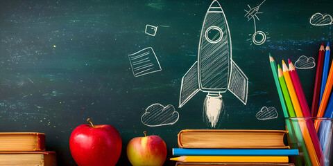 Back to school concept with books, apples, and colorful pencils in front of a chalkboard featuring a rocket doodle.