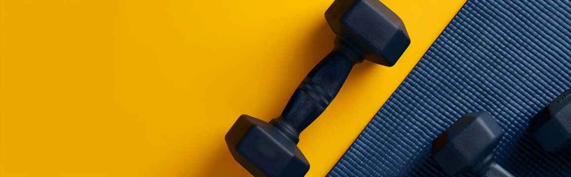 Black dumbbells and yoga mat on a vibrant yellow background, perfect for fitness, exercise, gym, and workout themes.