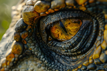 Naklejka premium Close-up of a reptile eye showcasing intricate details and vibrant colors. Perfect for nature and animal-themed projects.
