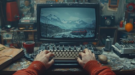 A person typing on an old computer keyboard, sitting at a desk with coffee and vintage accessories around it