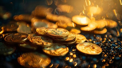 Glittering Gold Coins on a Dark Surface