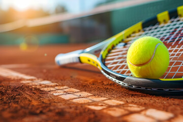 Close-up of a tennis racket and ball on a clay court under sunlight, symbolizing sports and outdoor activity.