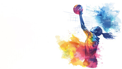 Colorful watercolor painting of volleyball athlete player action at game